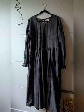 Women's Dark Gray Long Sleeve Embroidered Dress